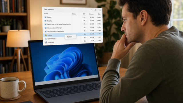 Man in a gray sweater sits at a wooden desk, focused on a Windows laptop with Task Manager open showing processes and a Restart option.