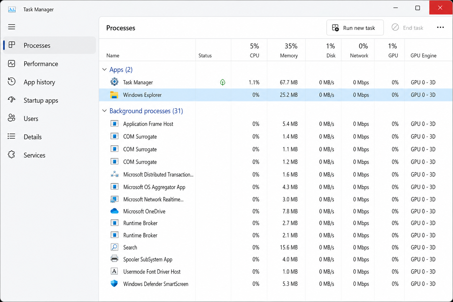 Windows 11 Task Manager open on the Processes tab in full detail view, showing the Apps and Windows processes sections