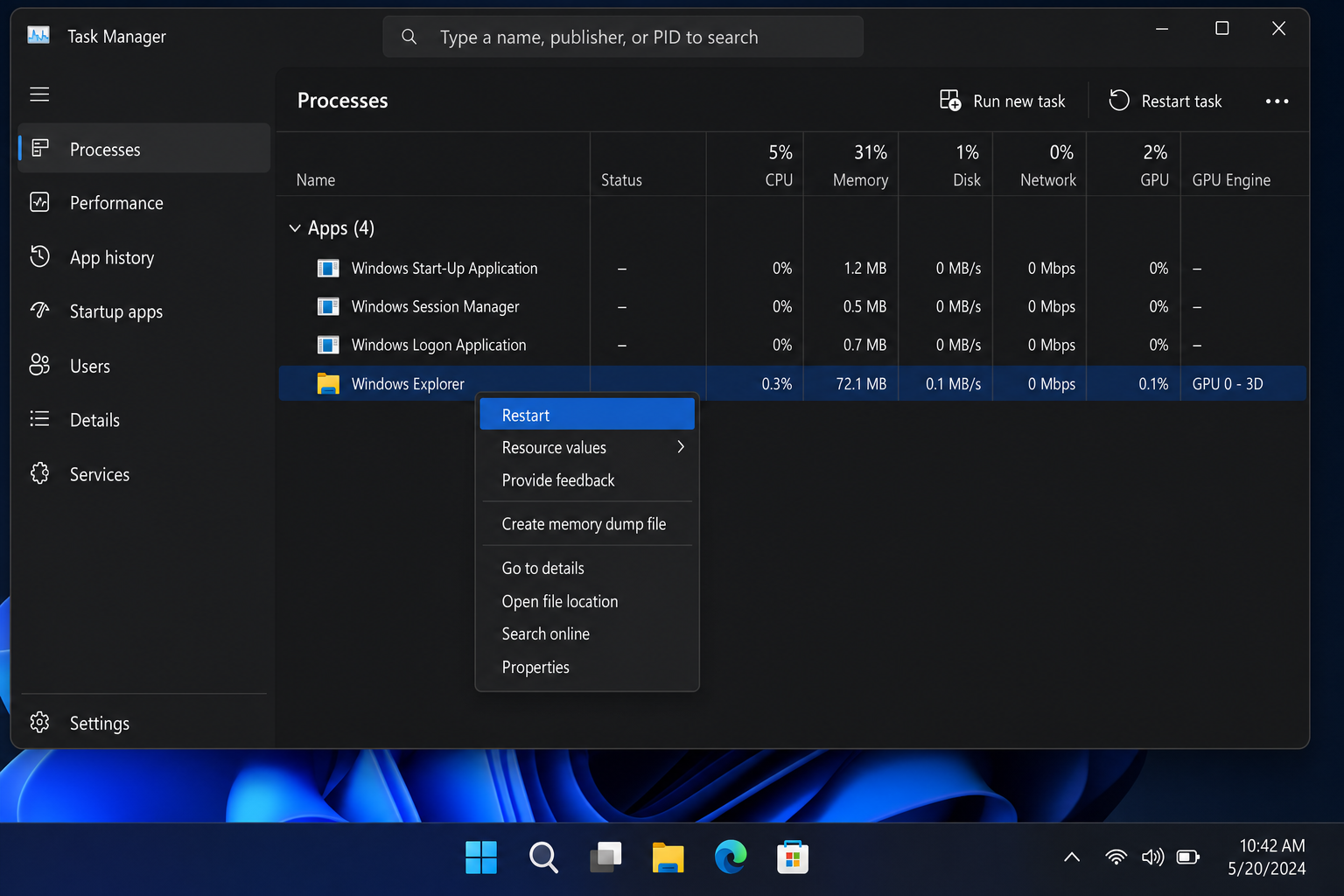 Windows 11 Task Manager Processes tab with Windows Explorer right-clicked and the Restart option highlighted in the context menu