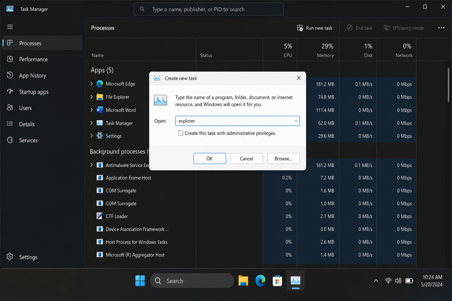 Windows 11 Task Manager with File > Run new task dialog open, showing explorer.exe typed in the Open field