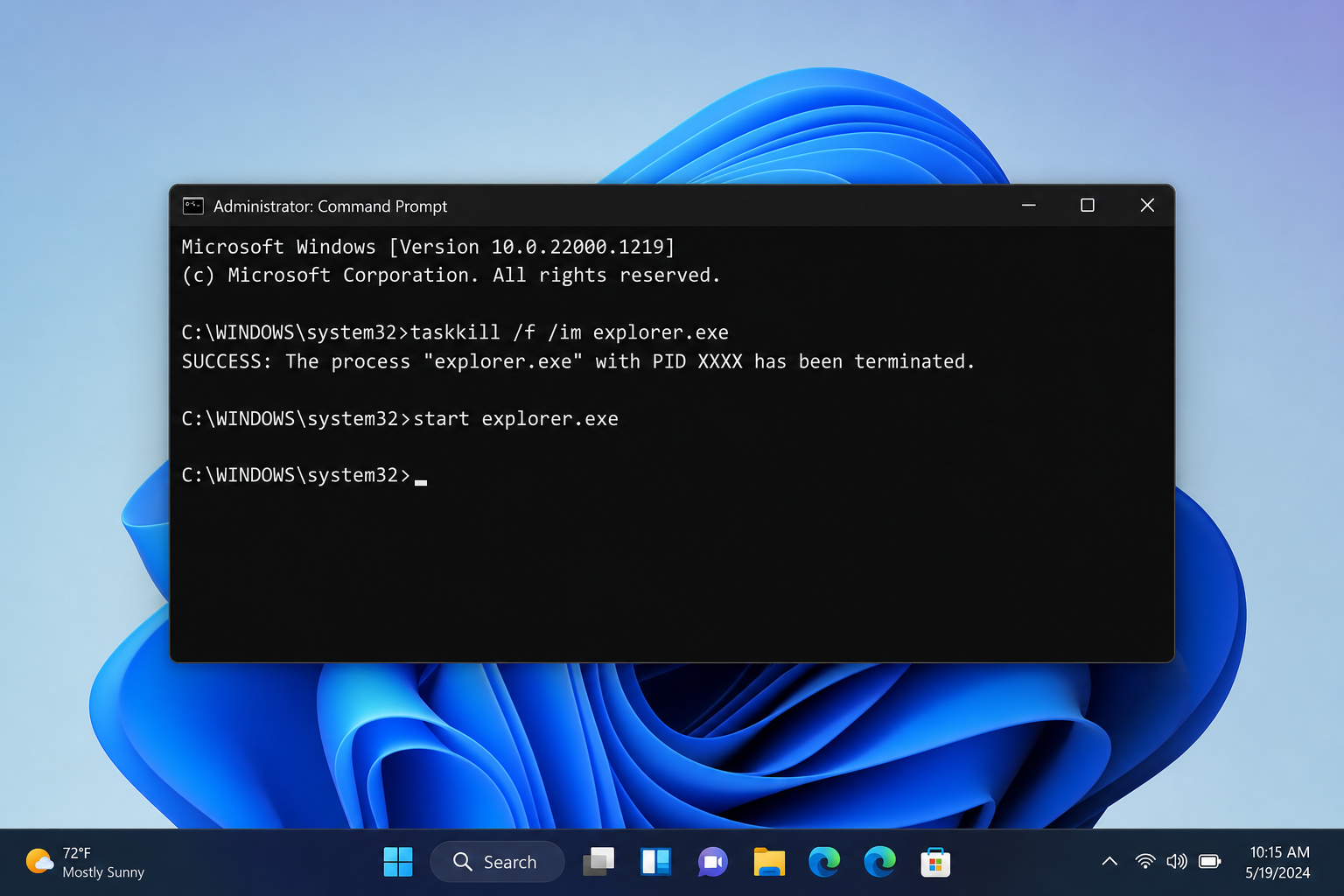 Windows 11 Command Prompt window showing the taskkill and start explorer.exe commands with output