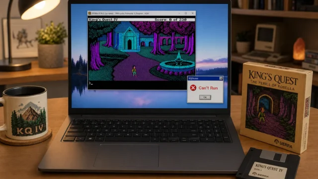 Laptop showing King's Quest IV on a retro DOS game window with a 'Can't Run' error dialog; box and floppy disk beside it.