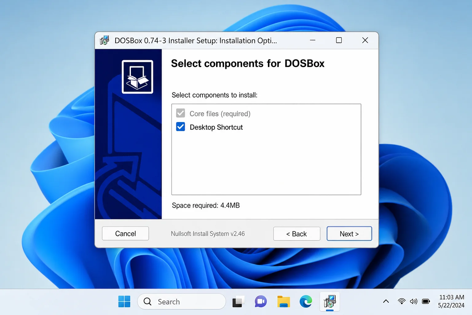 DOSBox installer running on Windows 11, showing the component selection screen with "Core files" and "Desktop Shortcut" checked