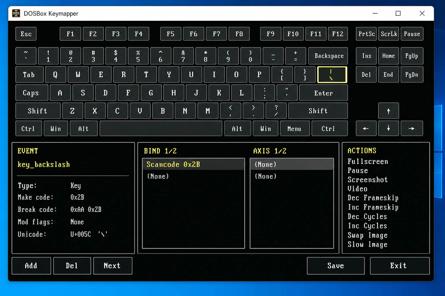 DOSBox keymapper window (opened with Ctrl+F1) showing the backslash key binding highlighted
