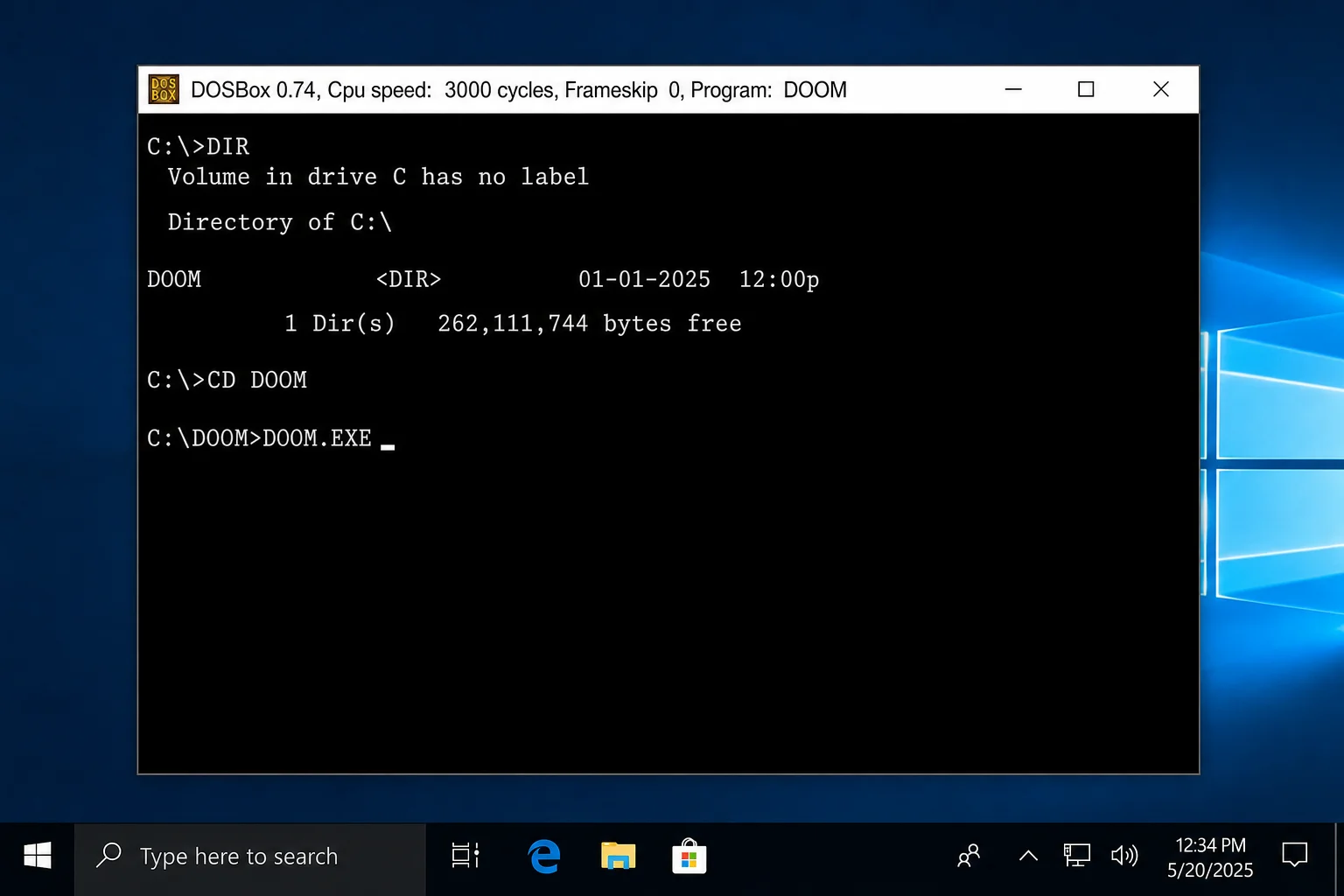 DOSBox window showing C:\ prompt with DIR command output listing a DOOM subfolder, then CD DOOM and DOOM.EXE typed to launch the game