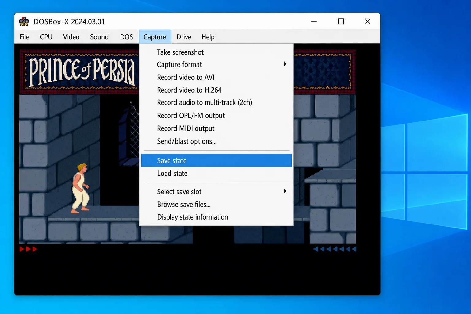 DOSBox-X Capture menu open showing "Save State" and "Load State" options