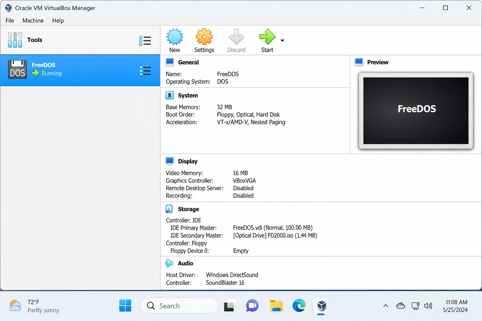 VirtualBox Manager on Windows 11 showing a FreeDOS VM in the list with its settings panel visible