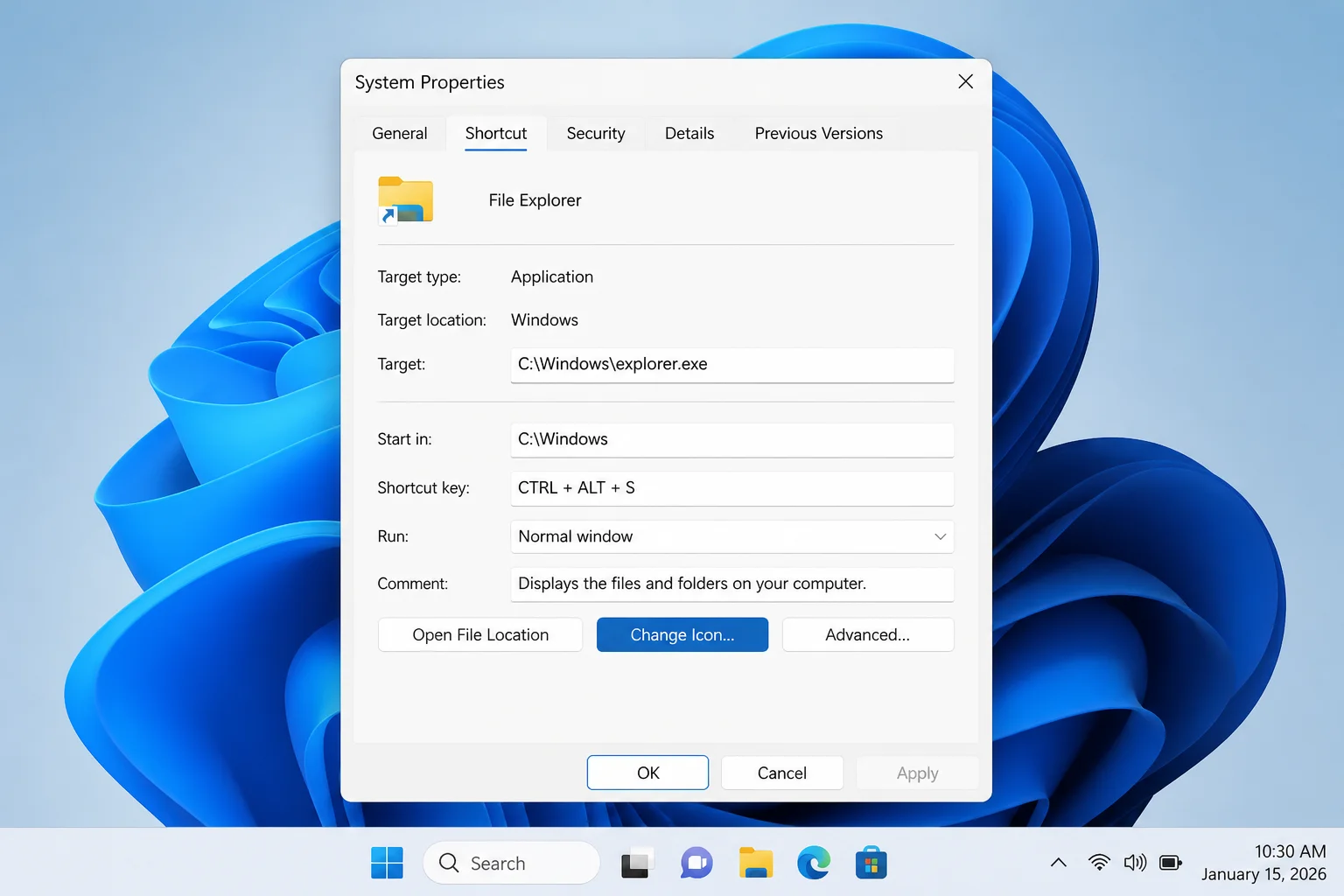 Finished desktop shortcut and its Properties dialog with Change Icon highlighted