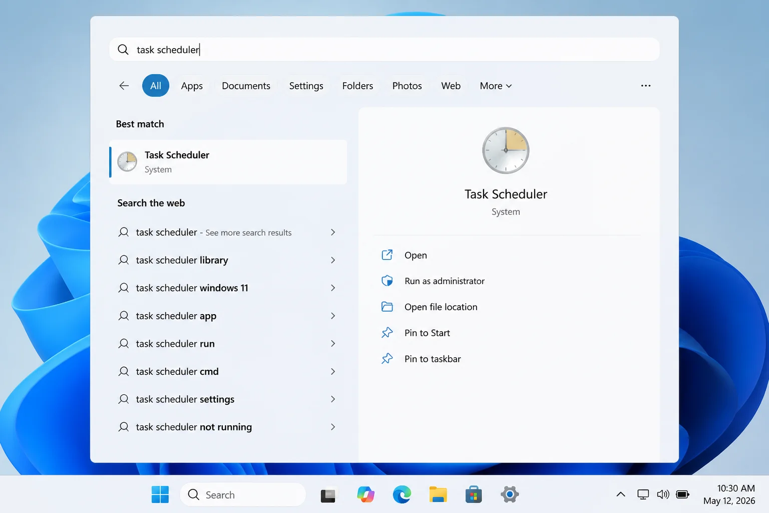Windows Start search results with Task Scheduler selected