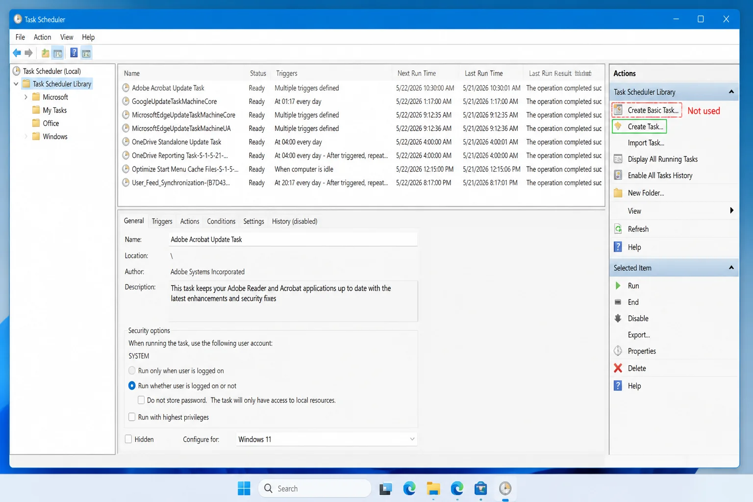 Task Scheduler Library selected with Create Task highlighted and Create Basic Task marked as the option not used