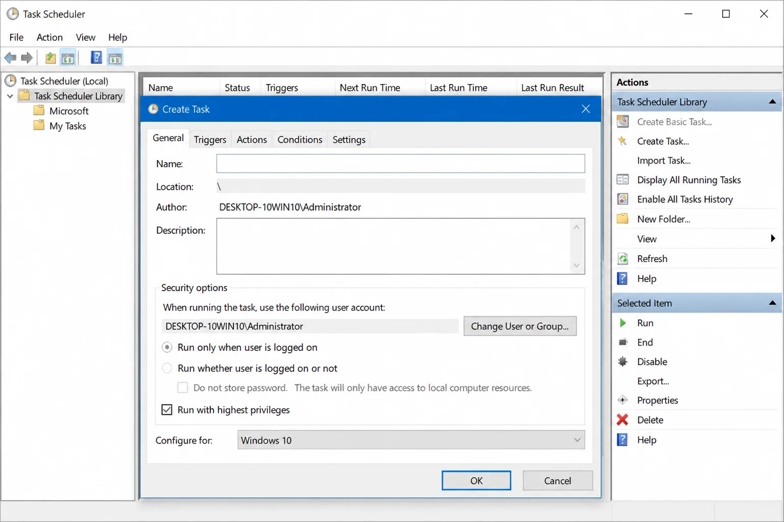 Create Task General tab showing Name, the selected account, Run with highest privileges, and Configure for