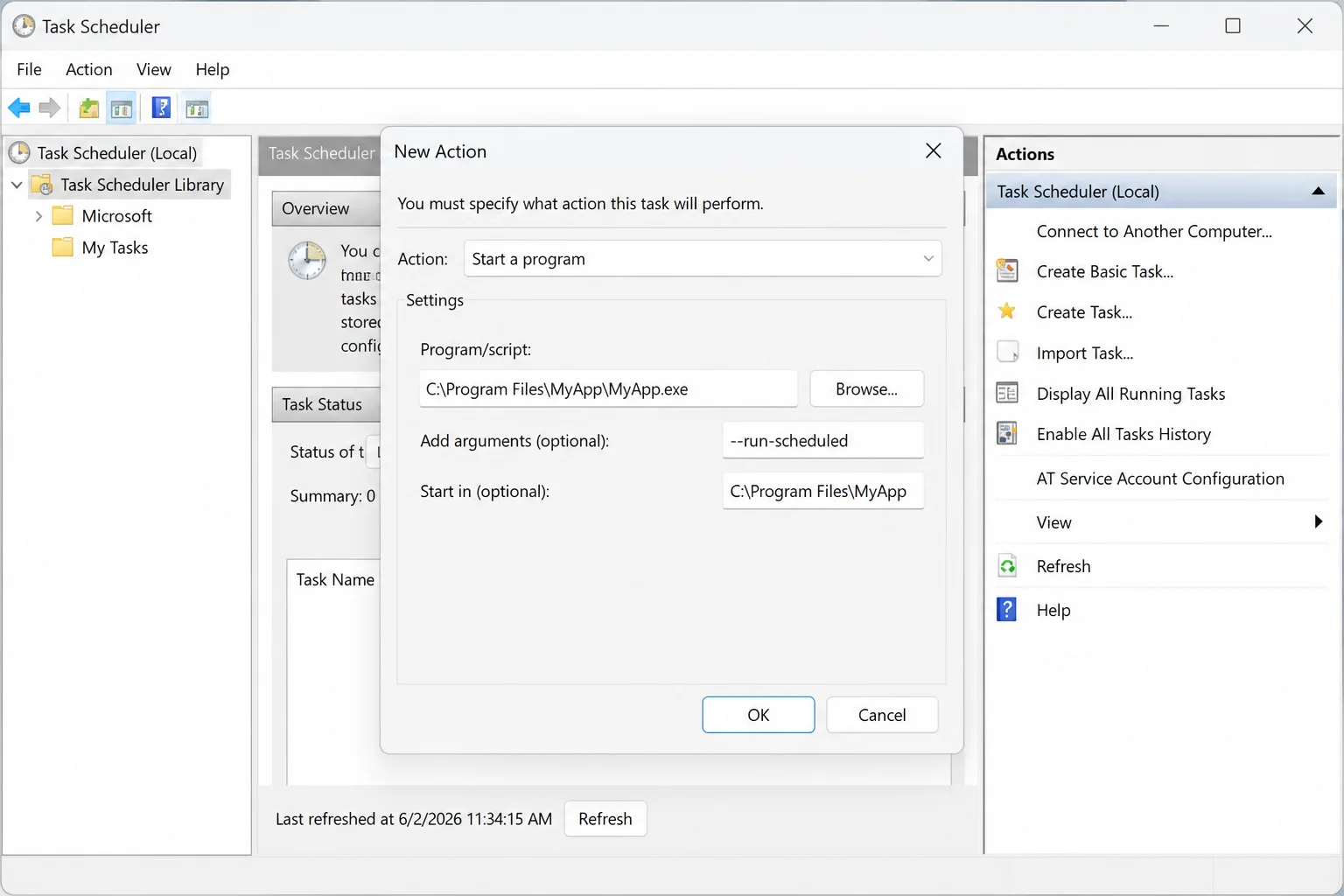 New Action dialog showing Start a program, Program/script, Browse, Add arguments, and Start in