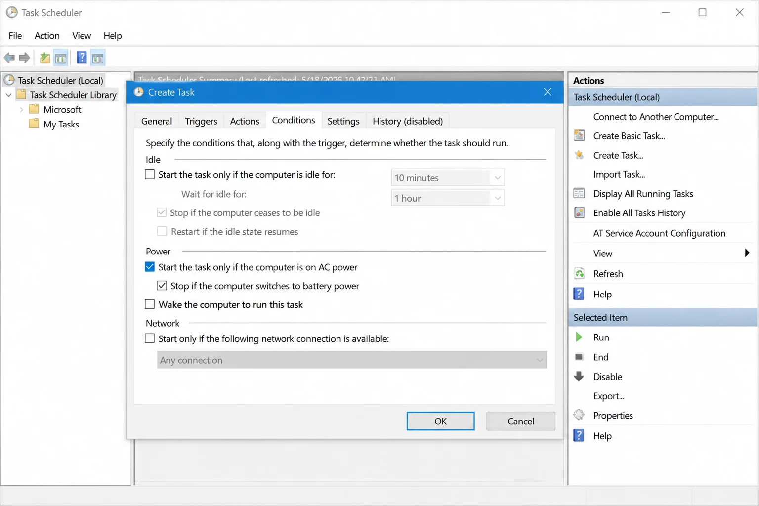 Create Task Conditions tab showing the Start the task only if the computer is on AC power restriction