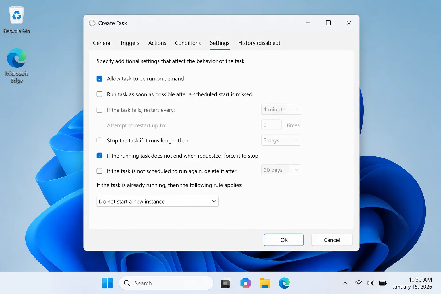 Create Task Settings tab showing Allow task to be run on demand and Do not start a new instance