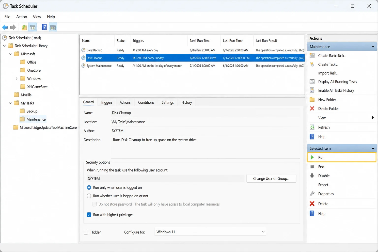 Task Scheduler Library with the saved task selected and Run highlighted in the Actions pane