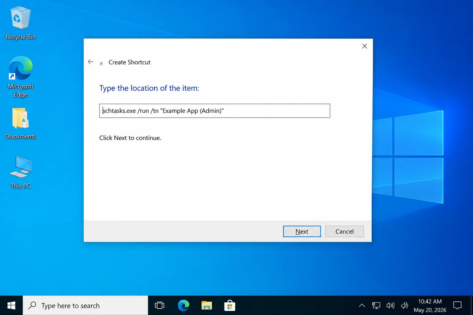 Windows Create Shortcut dialog containing schtasks.exe /run /tn followed by the exact quoted task name