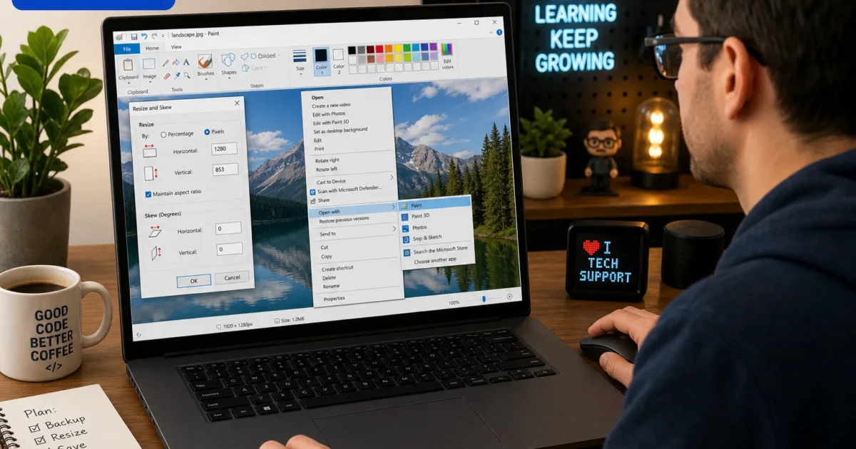 Person editing an image on a laptop; Paint Resize dialog visible over a mountain landscape.