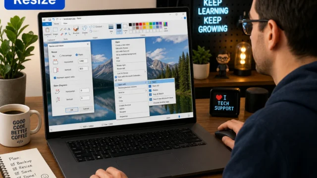 Person editing an image on a laptop; Paint Resize dialog visible over a mountain landscape.