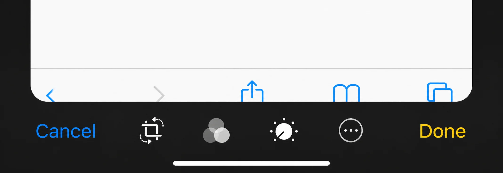iOS app interface showing Cancel and Done buttons with a highlighted crop tool icon