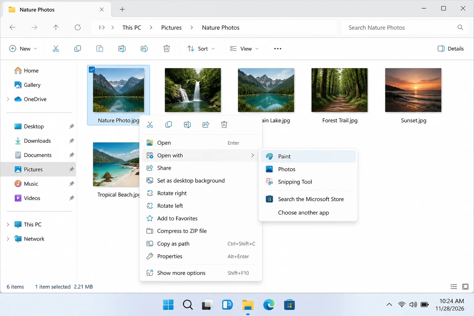 File Explorer right-click context menu on a JPG image file with "Open with" expanded and "Paint" highlighted in the submenu