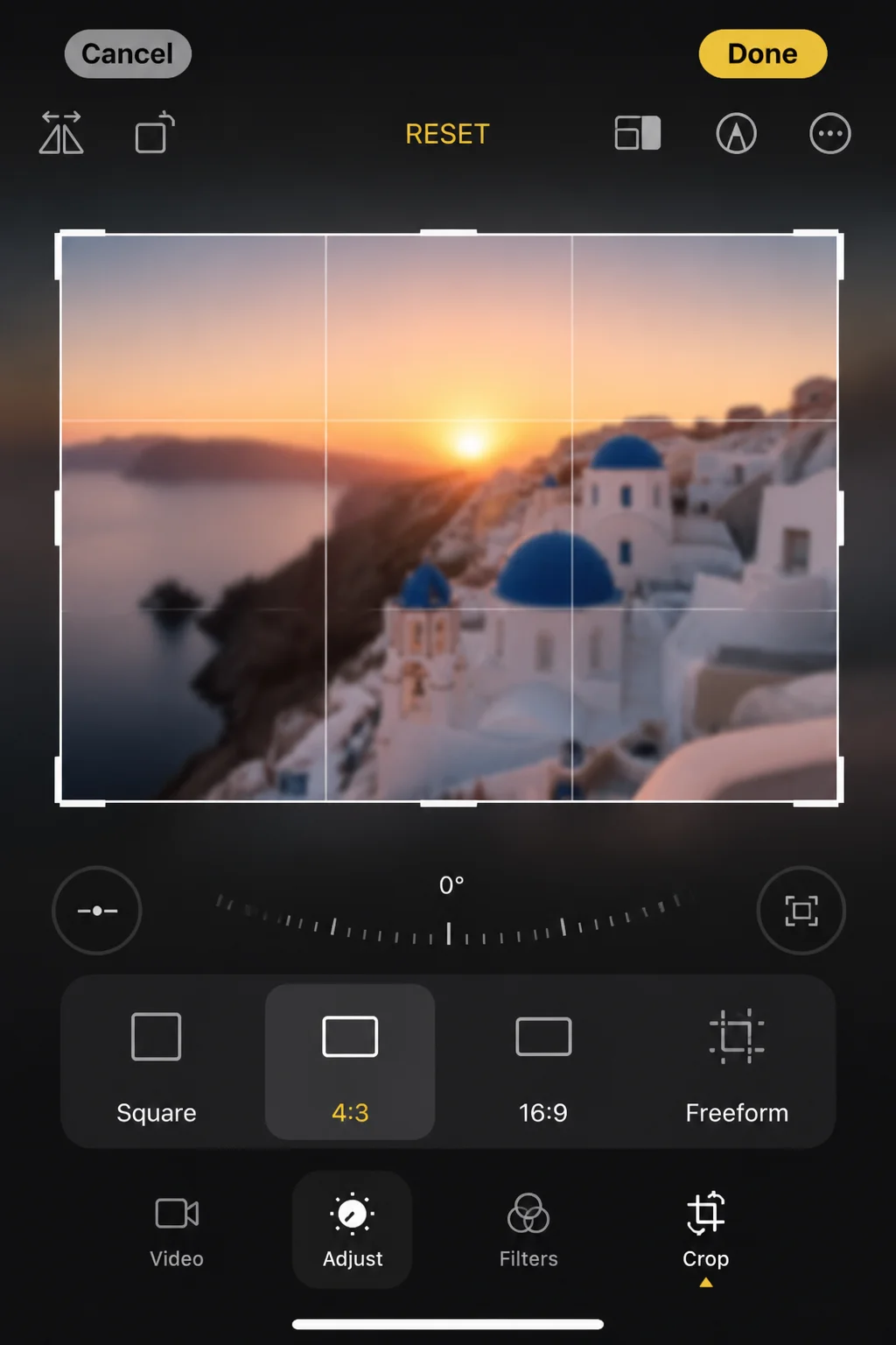 iOS 18 Photos app in crop/rotate edit mode showing the aspect ratio picker with Square, 4:3, 16:9, and Free options visible
