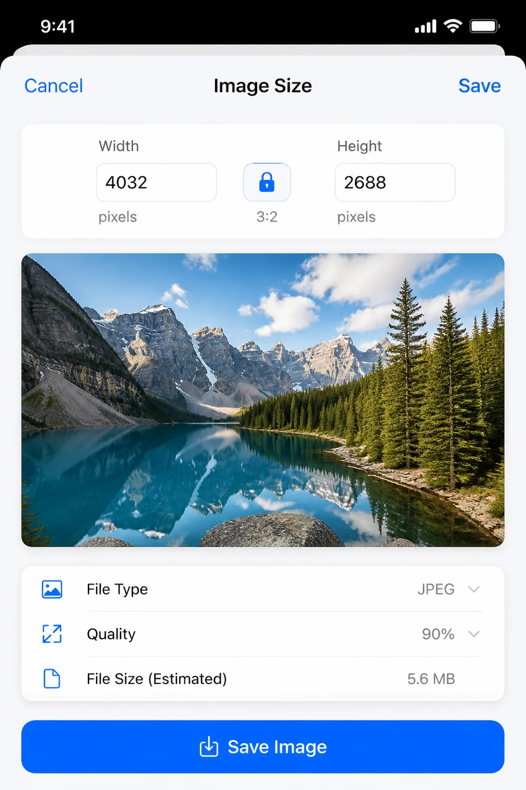 Image Size app on iOS 18 showing a loaded photo with width and height pixel fields visible, aspect ratio lock icon active, and the Save Image button at the bottom