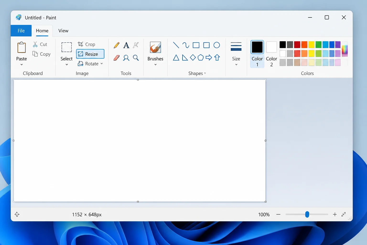 Windows 11 Paint ribbon in the Home tab with the Resize button highlighted