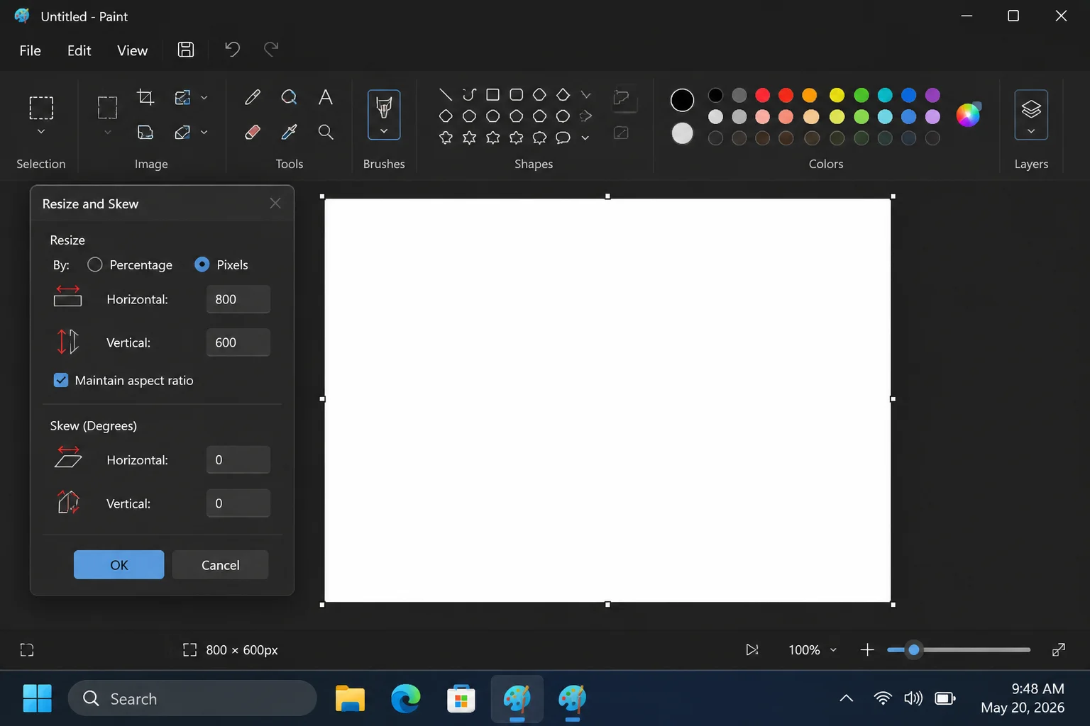 Paint "Resize and Skew" dialog with Pixels selected, Maintain aspect ratio checked, and a new value entered in the Horizontal field