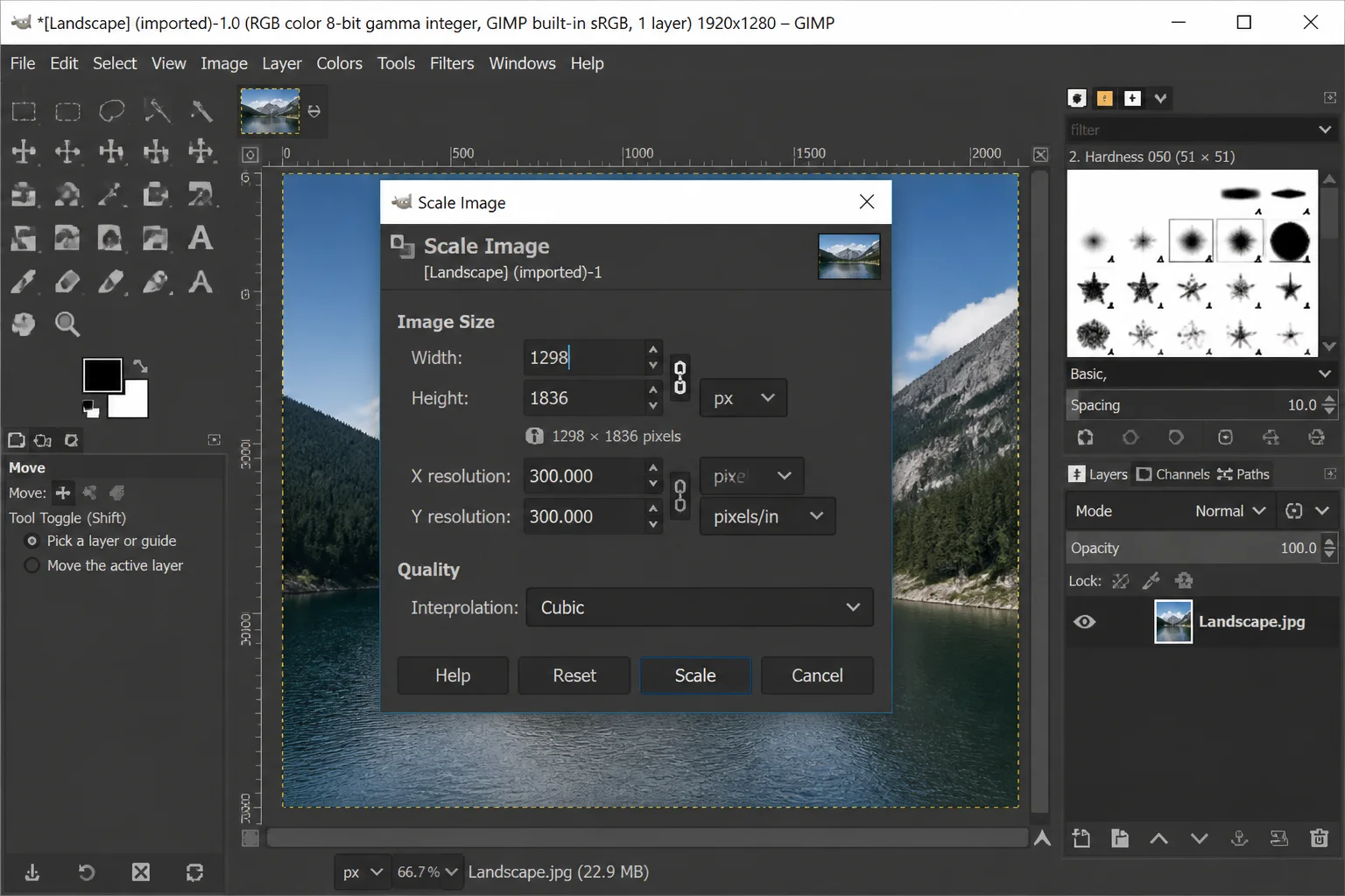 GIMP Image menu open with "Scale Image" highlighted