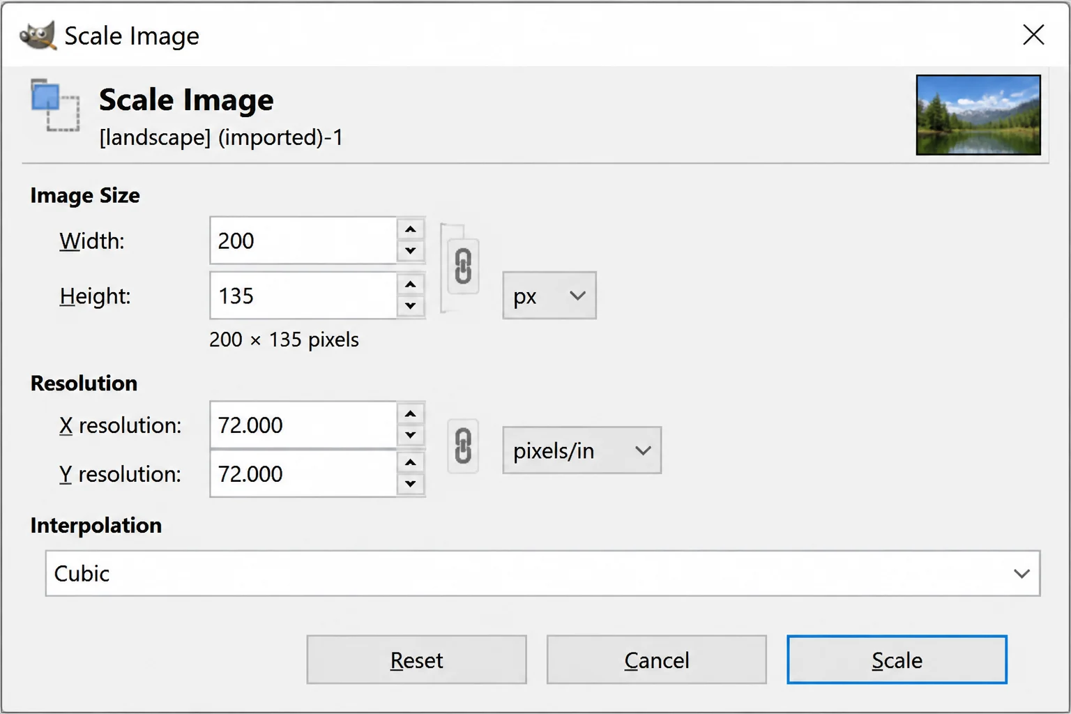 GIMP Scale Image dialog showing Width and Height fields with the chain-link icon between them, Interpolation set to Cubic, and the Scale button visible