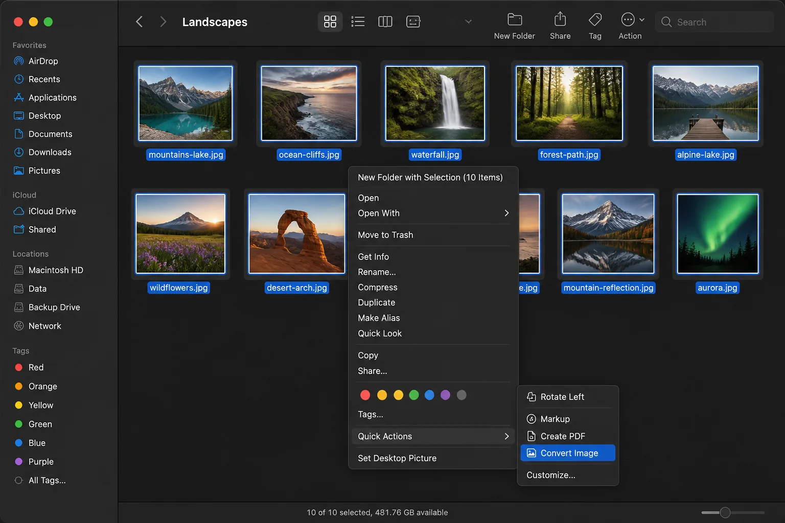 Finder with multiple image files selected, right-click context menu showing "Quick Actions" expanded with "Convert Image" highlighted
