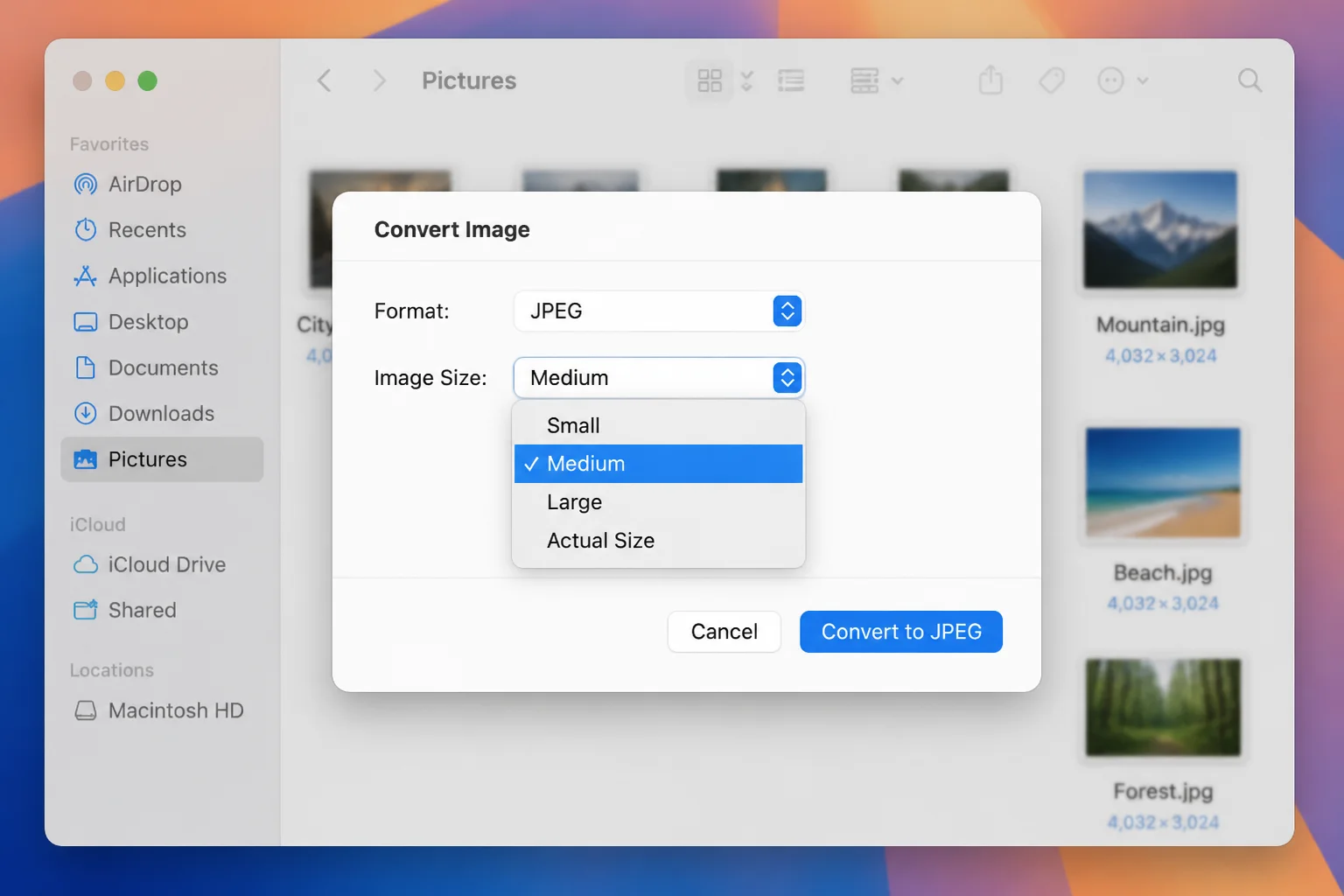 macOS "Convert Image" Quick Action sheet with JPEG format selected and the size dropdown open showing Small, Medium, Large, and Actual Size options