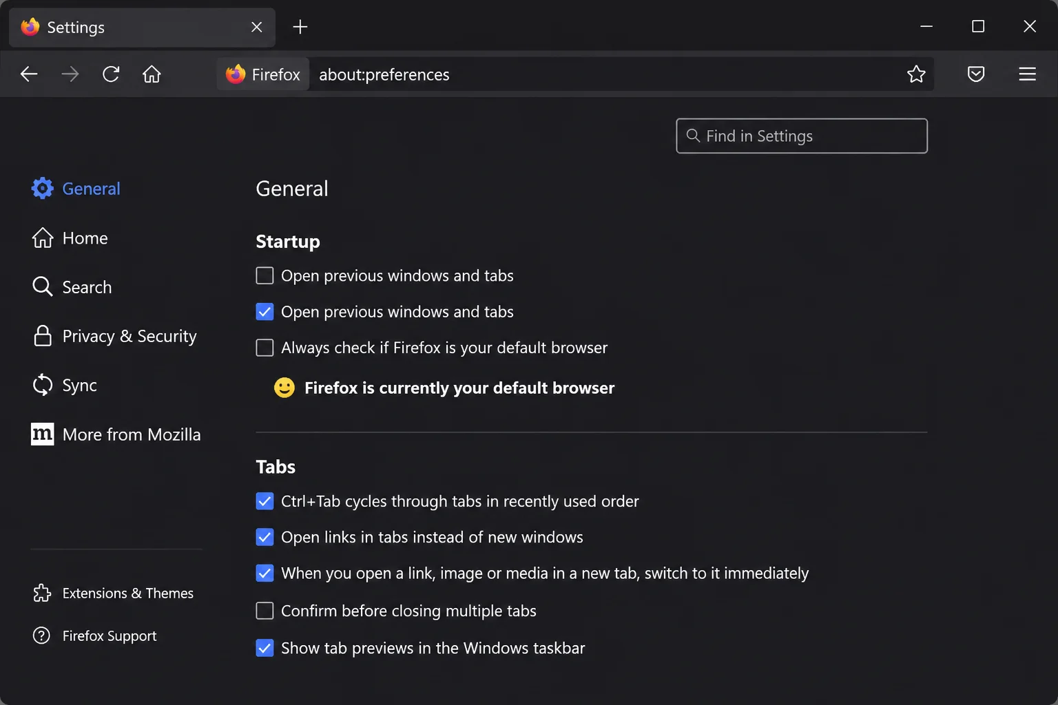 Firefox General settings showing the startup or previous-session restoration control highlighted without assuming its current state