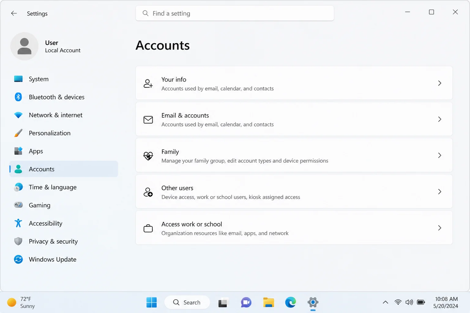 Windows 11 Settings home with Accounts visible and highlighted in the left sidebar