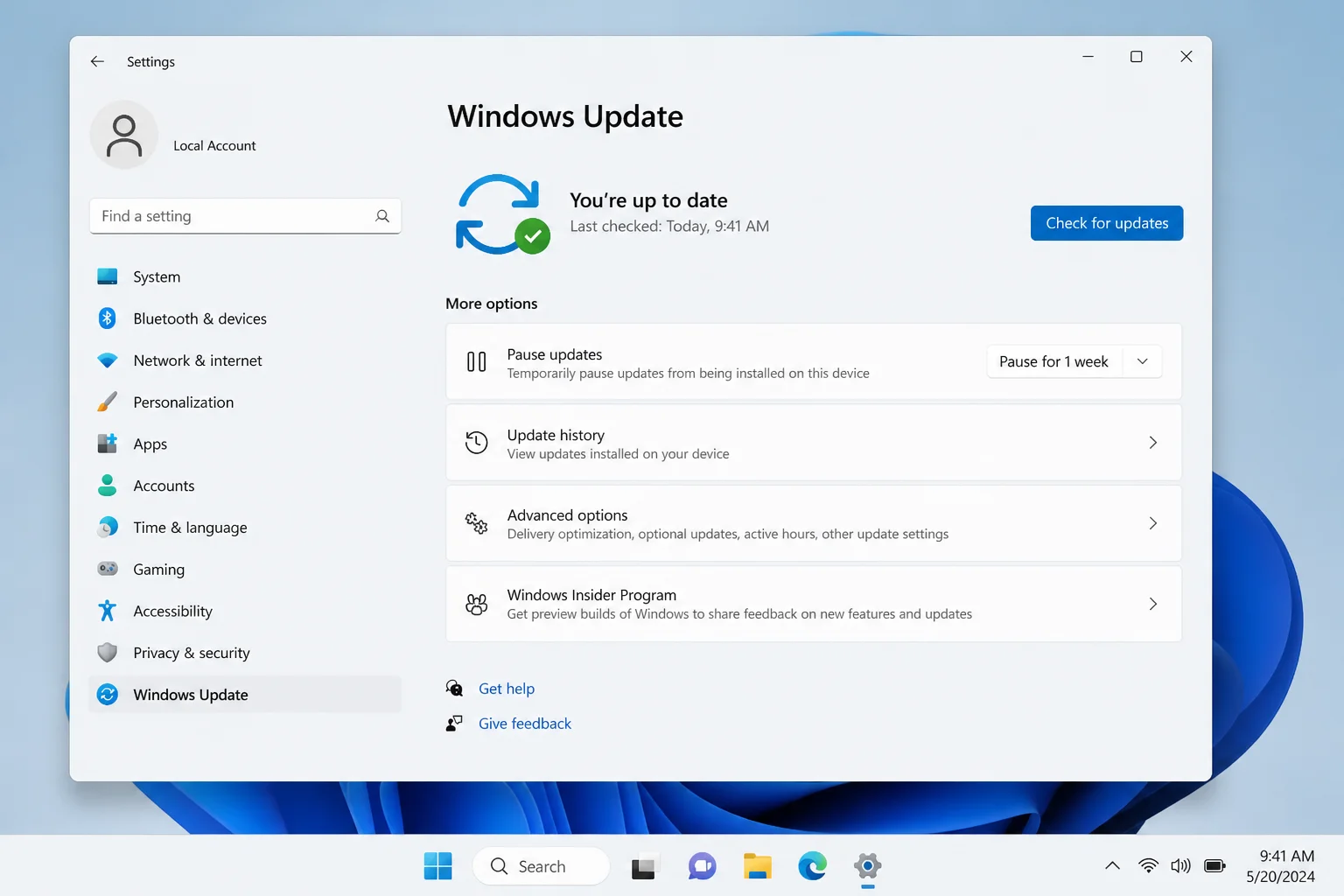 Windows Update settings page with Windows Update highlighted and a note that update-related restarts are a separate troubleshooting branch