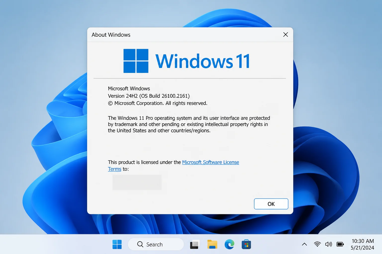 Windows About dialog opened with winver showing the installed Windows 11 version and build while hiding registered owner details