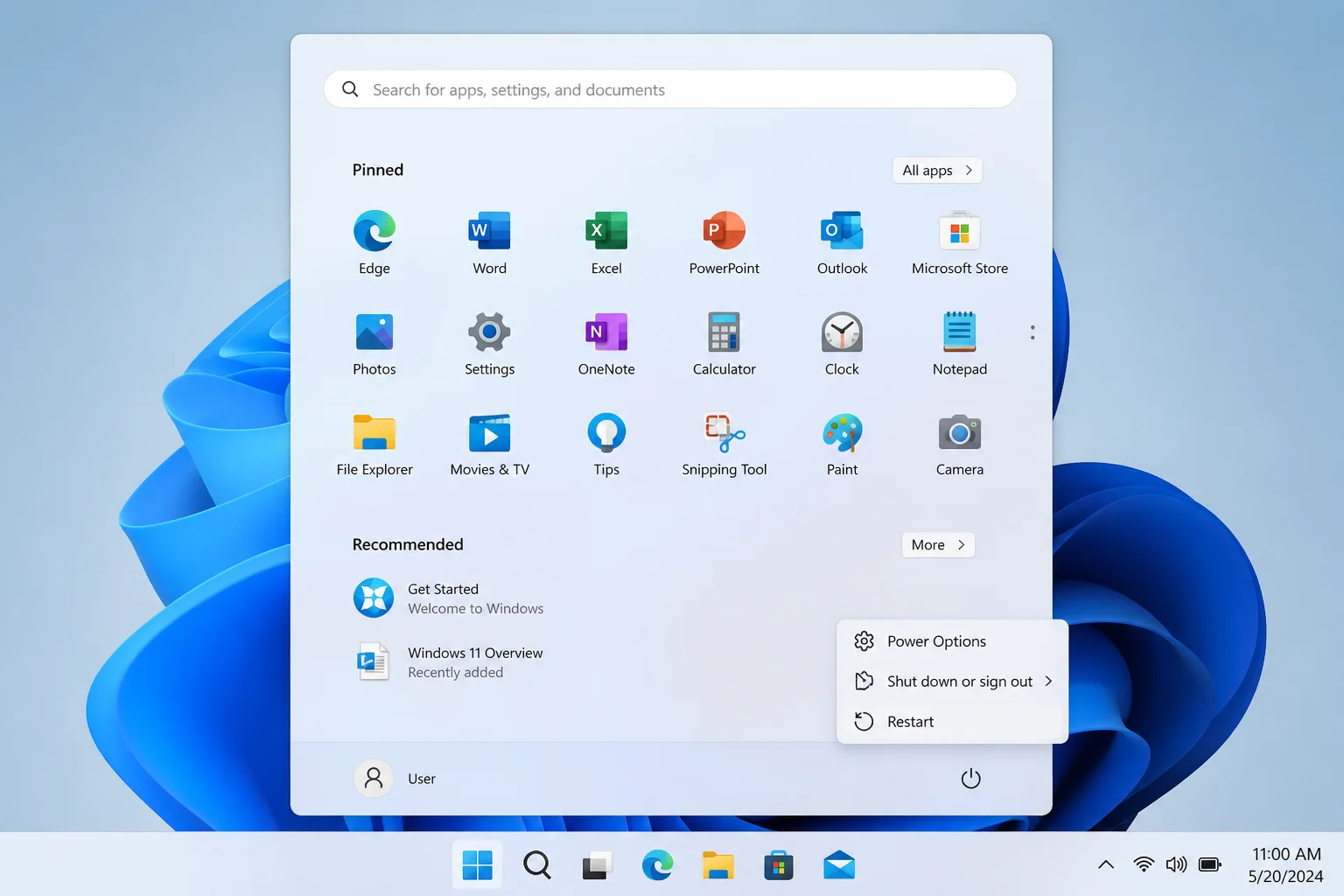 Windows 11 Start menu Power options with Restart highlighted
