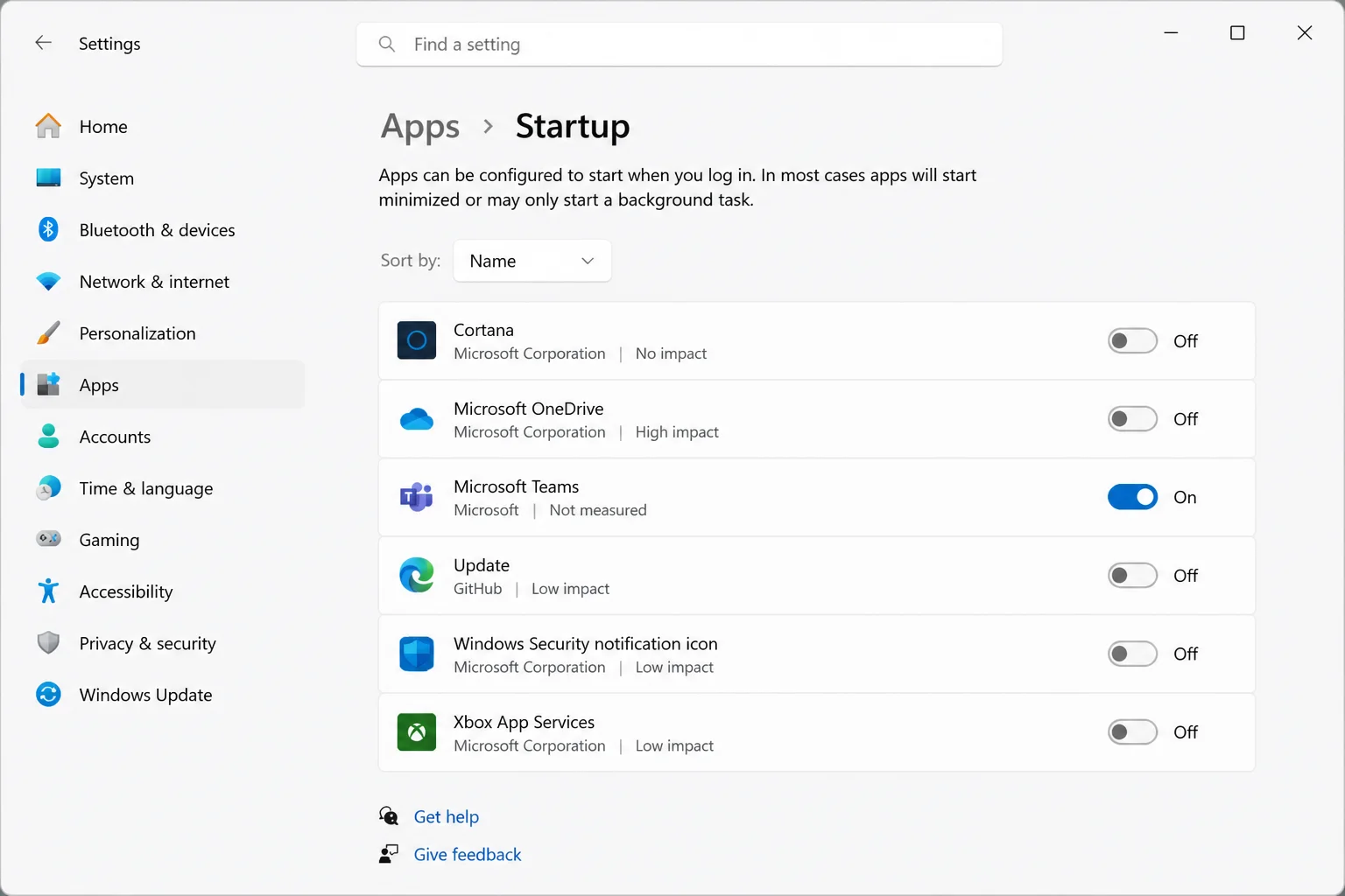 Settings > Apps > Startup showing application names and startup switches, with one switch highlighted and labeled as separate from Restart Apps