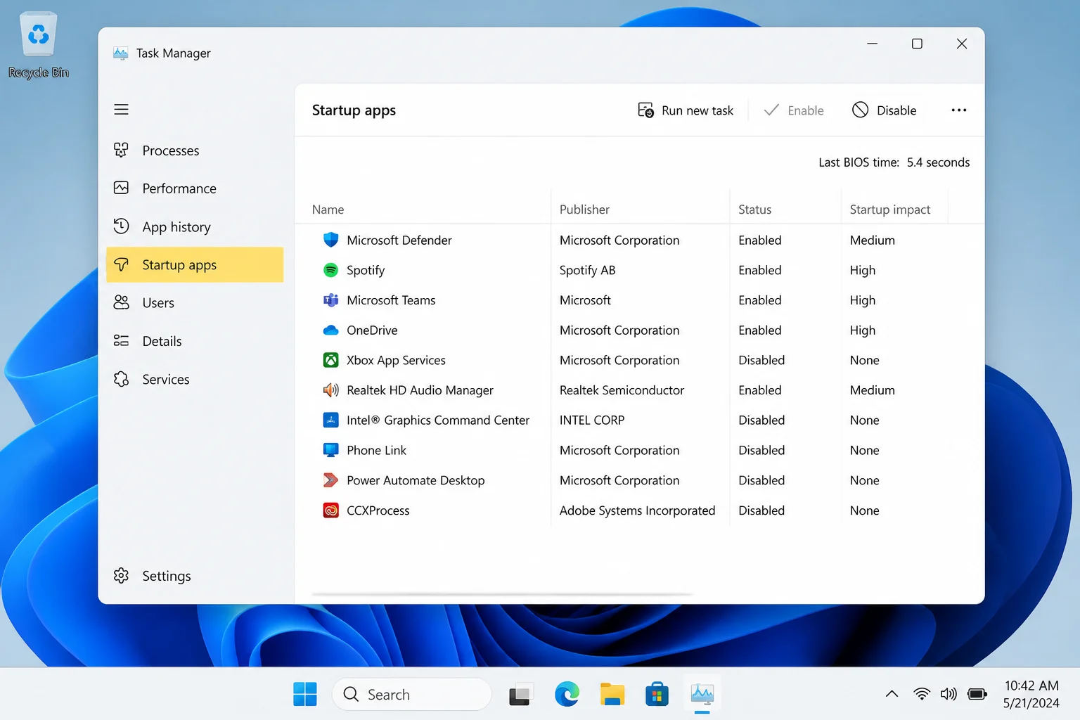 Task Manager Startup apps page with the Startup apps navigation item and Disable control highlighted