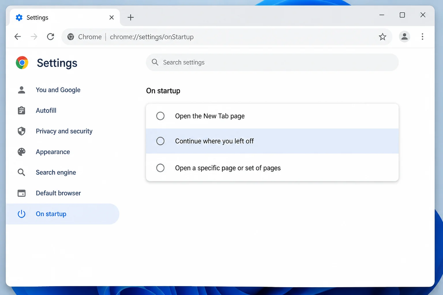 Google Chrome startup settings section showing the available startup choices and highlighting the choice related to continuing or restoring the previous session without assuming its selected state