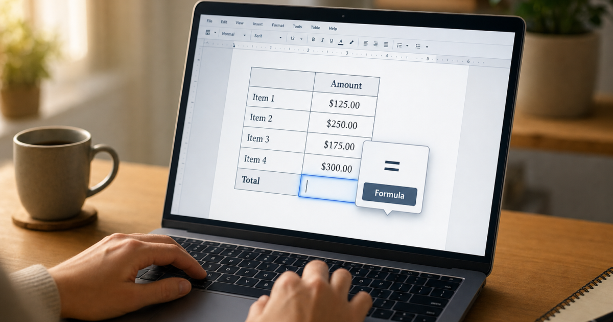 Laptop screen shows a table of items and amounts (Item 1–4 with prices) and a Total row with a floating Formula panel.