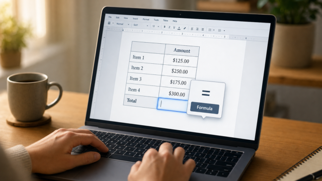 Laptop screen shows a table of items and amounts (Item 1–4 with prices) and a Total row with a floating Formula panel.