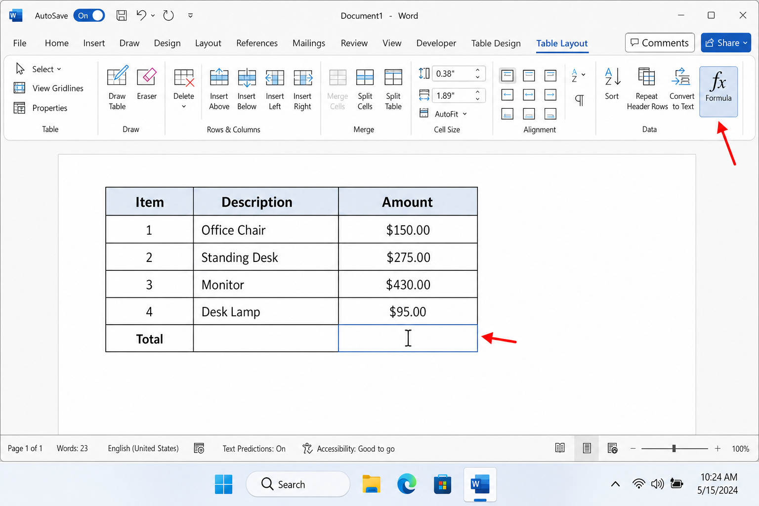 Word for Microsoft 365 with a simple table of numbers, cursor placed in the empty bottom cell of the Amount column