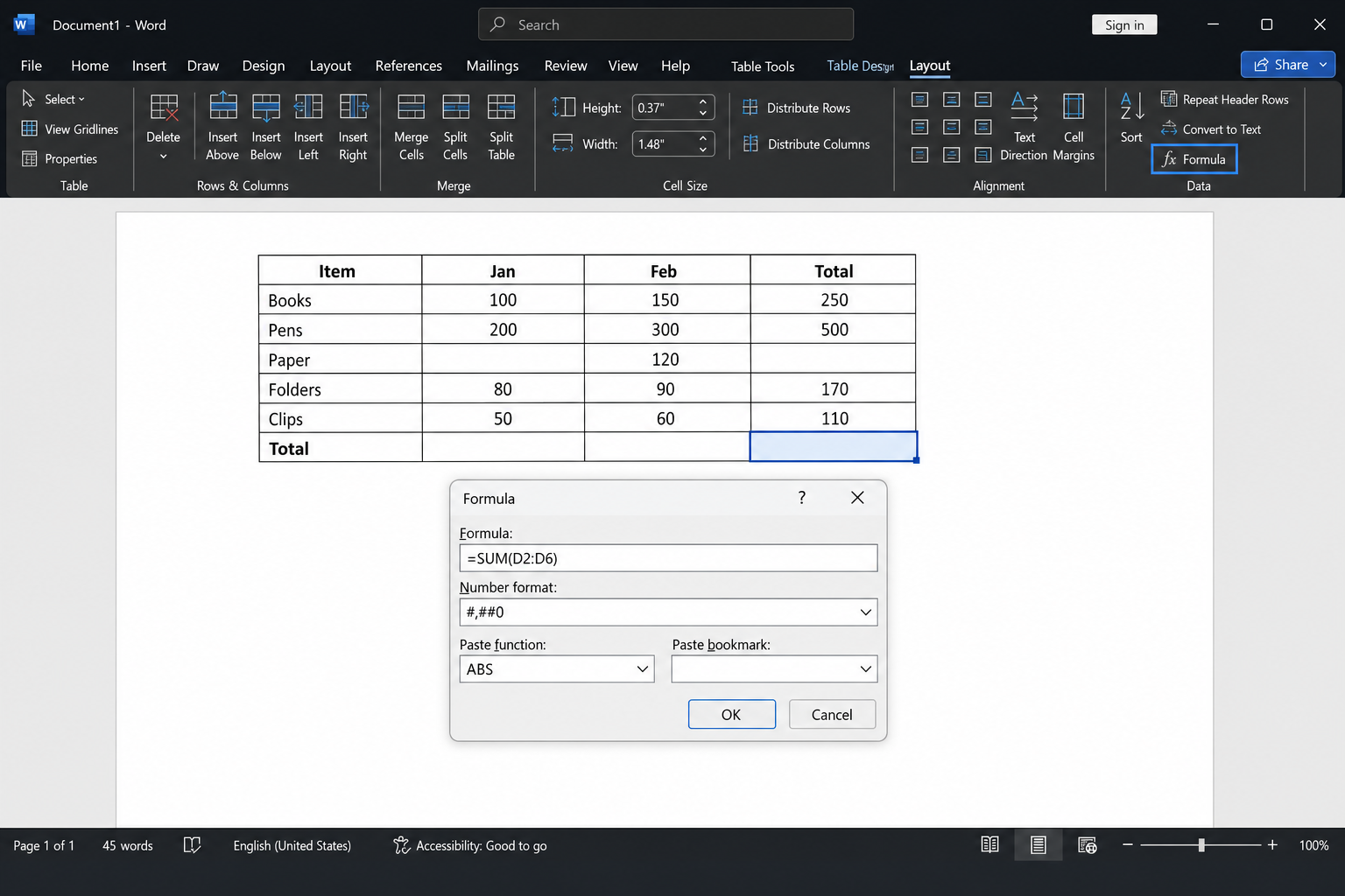 Word table showing a column with a blank cell mid-column and the total cell selected, with the Formula dialog open showing