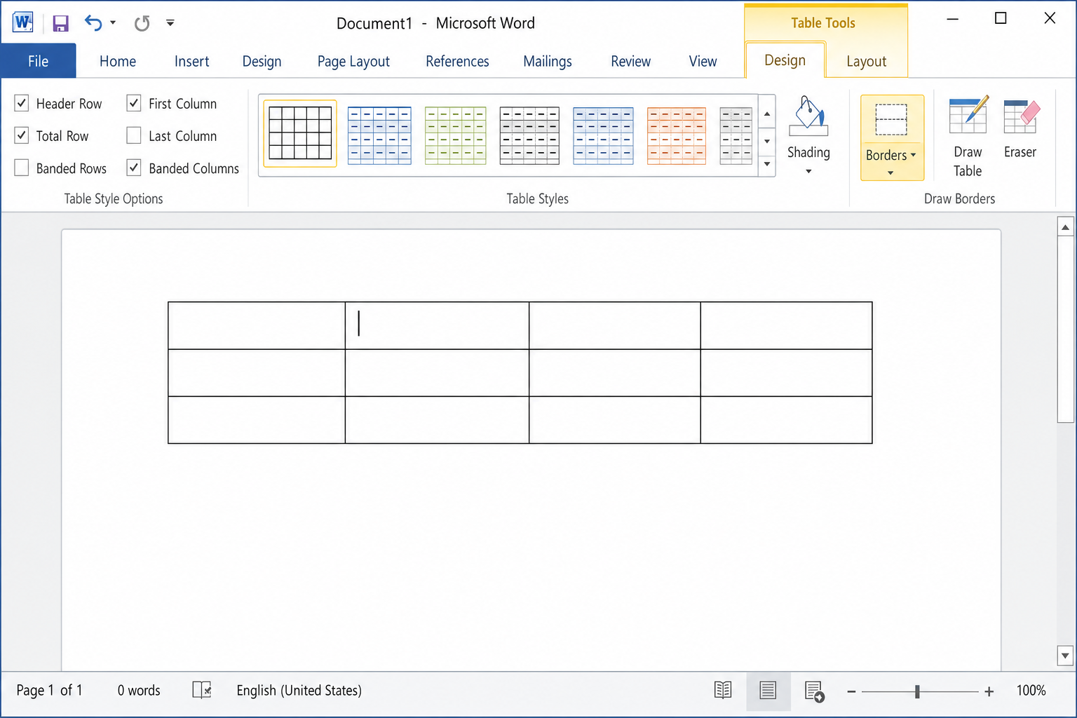 Word ribbon showing the Table Design and Layout contextual tabs highlighted, with cursor inside a table
