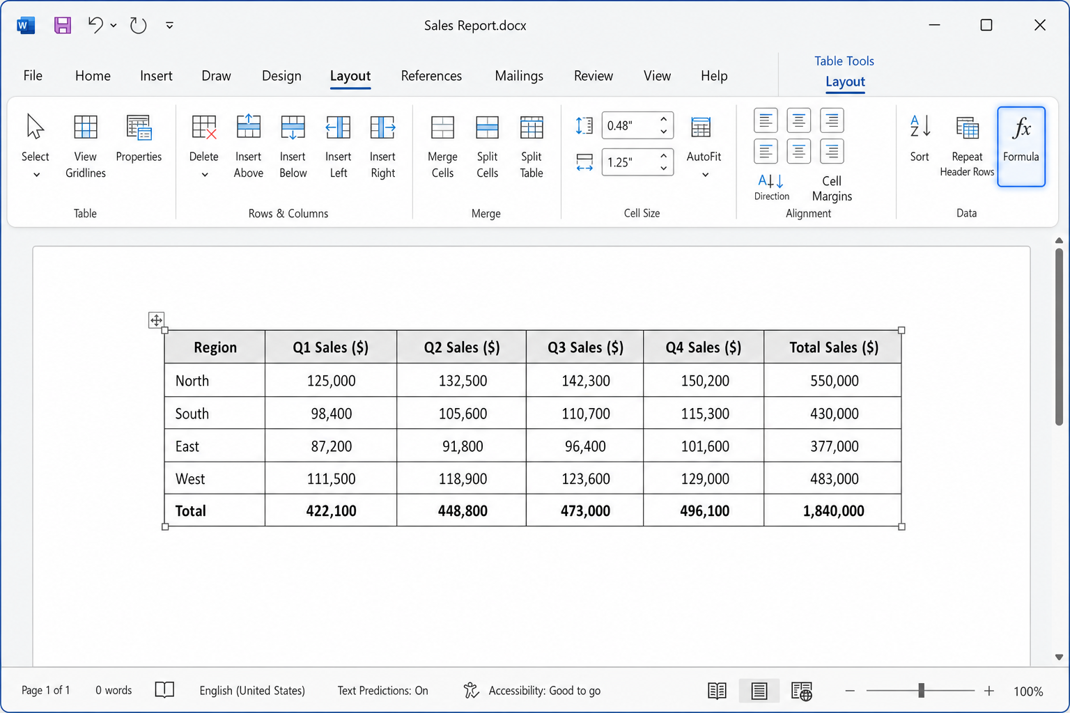 Word Layout tab with the Data group visible and the Formula button highlighted