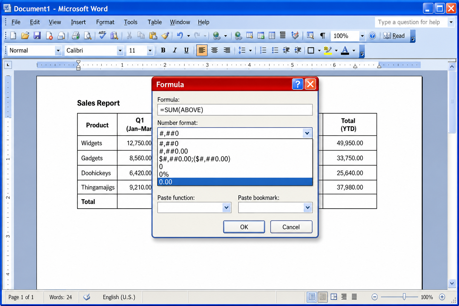 Word Formula dialog box showing =SUM(ABOVE) in the Formula field and the Number format dropdown open with 0.00 selected