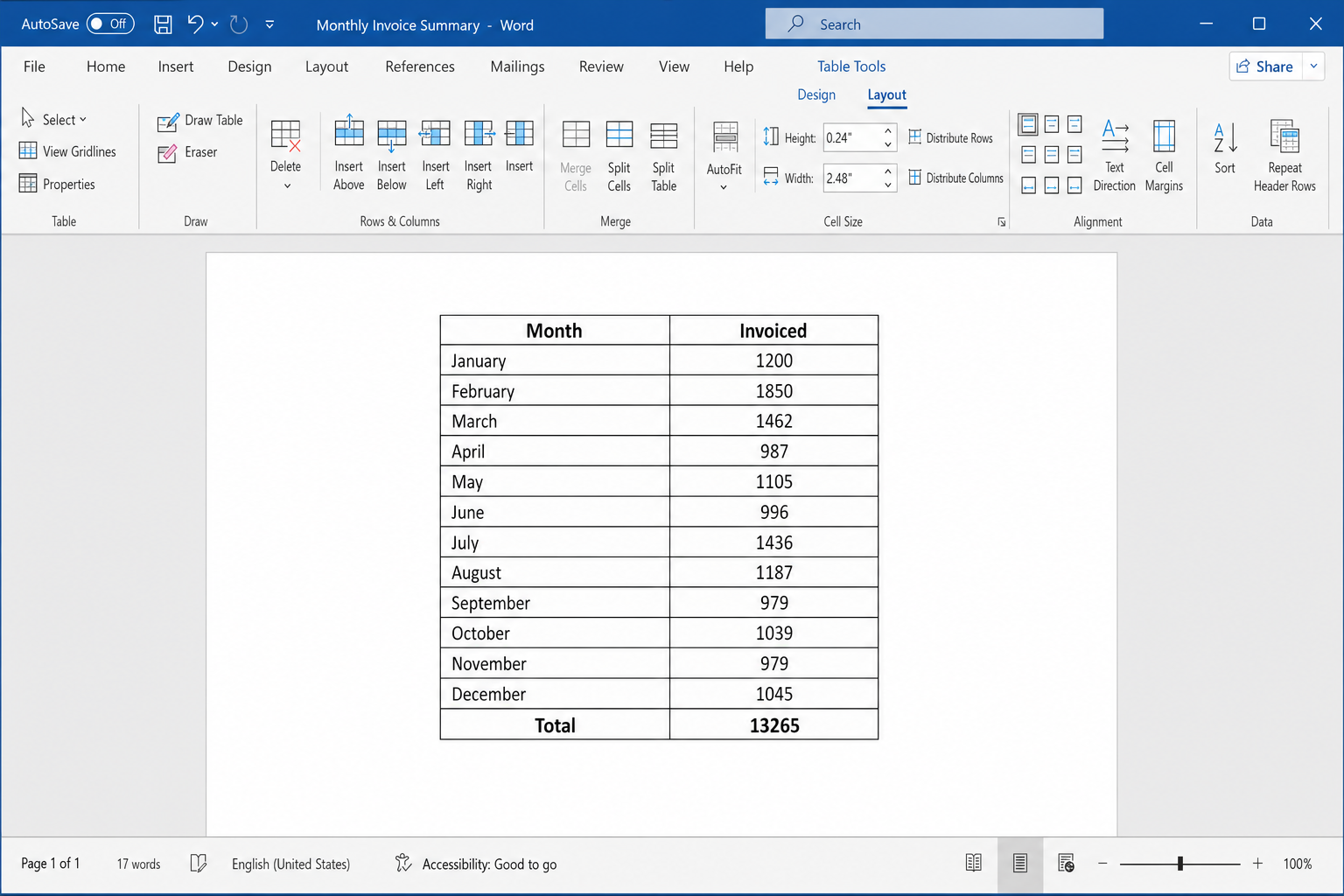 Word table with the total cell now showing the calculated sum at the bottom of the Amount column