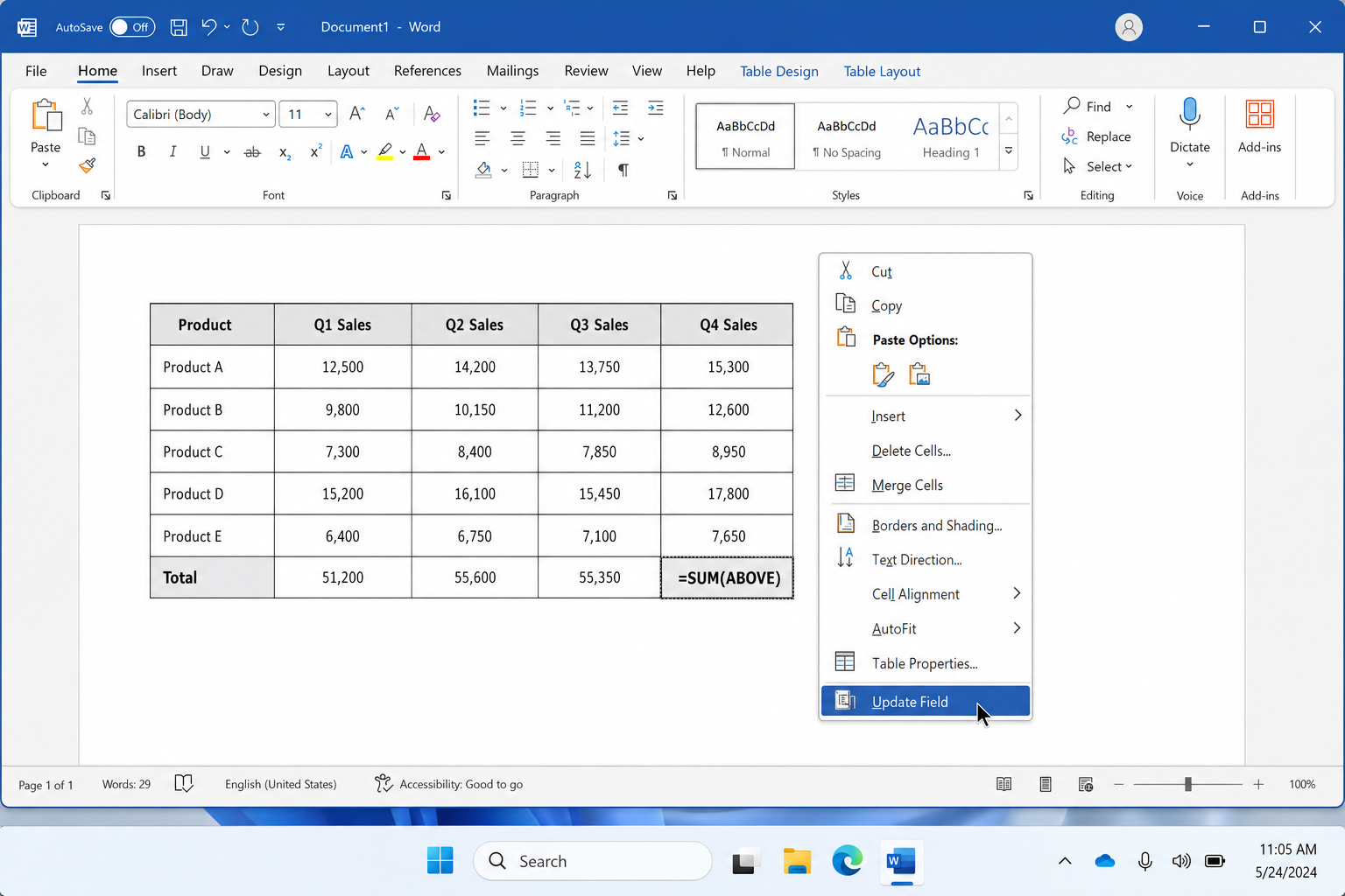 Word table with the total cell right-clicked, showing the context menu with Update Field highlighted
