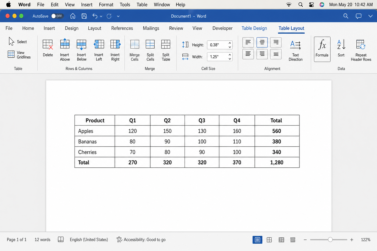 Word for Mac with the Table Layout tab selected and the Formula button visible on the right side of the ribbon